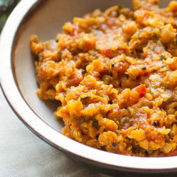 cooked red lentils, Ottolenghi-style, in a bowl