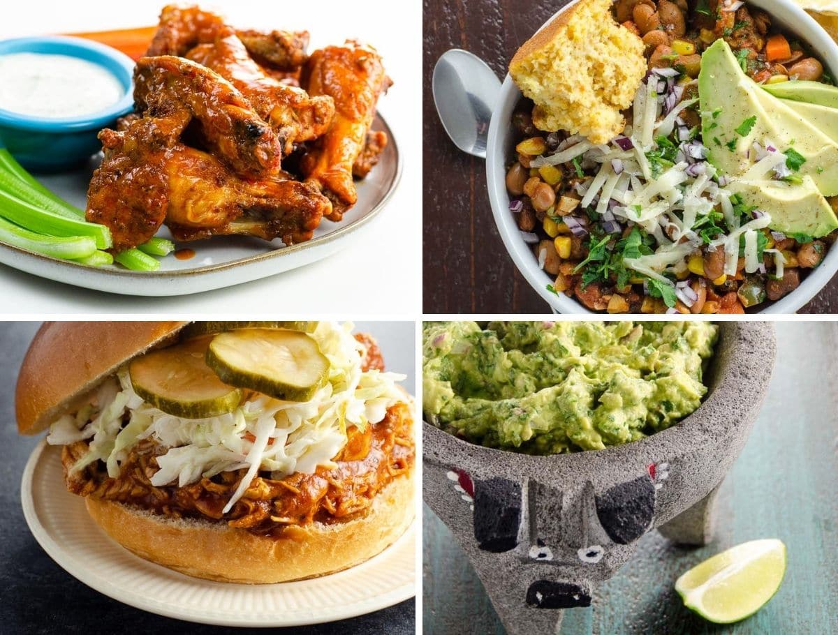 game day menu: wings, chili, bbq pulled chicken sandwich, and guac