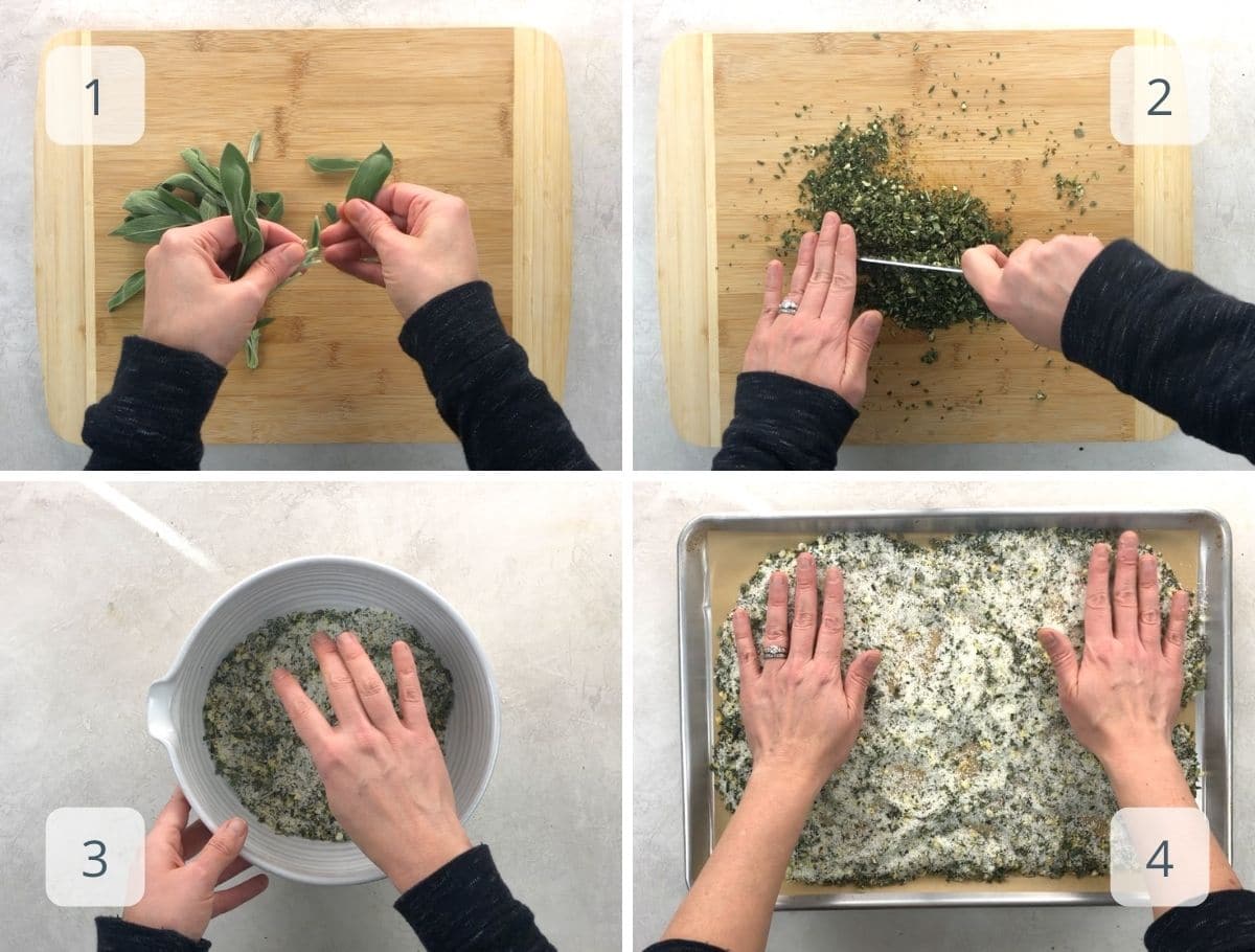step by step picking herbs, chopping, mixing, baking