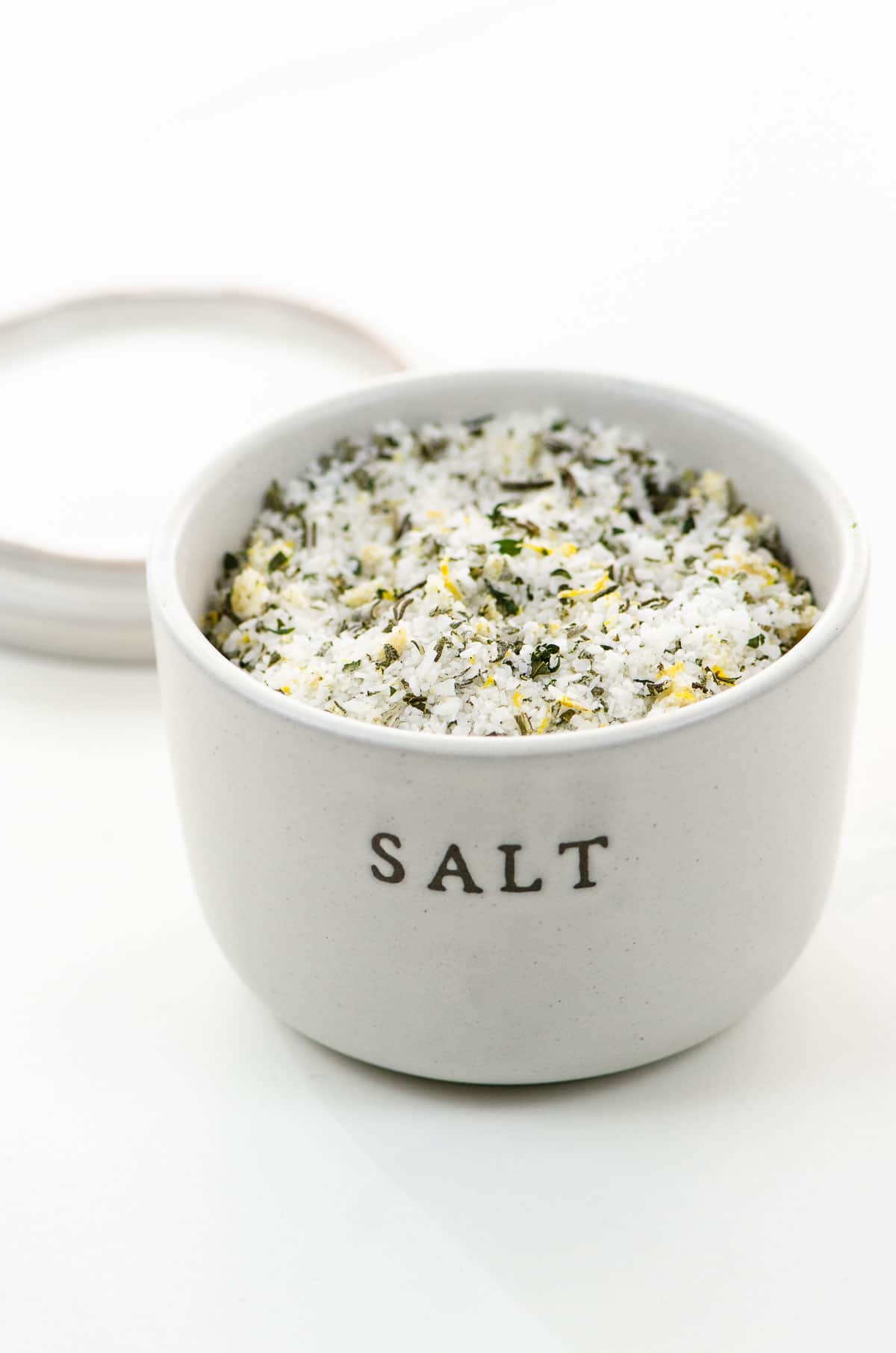 Herb salt in a ceramic crock