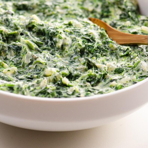 steakhouse creamed spinach in a white bowl