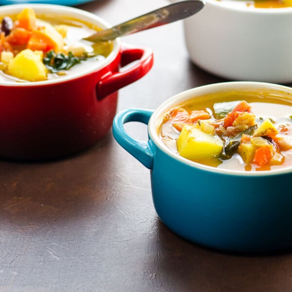 Vegan minestrone soup in mini le creuset pots