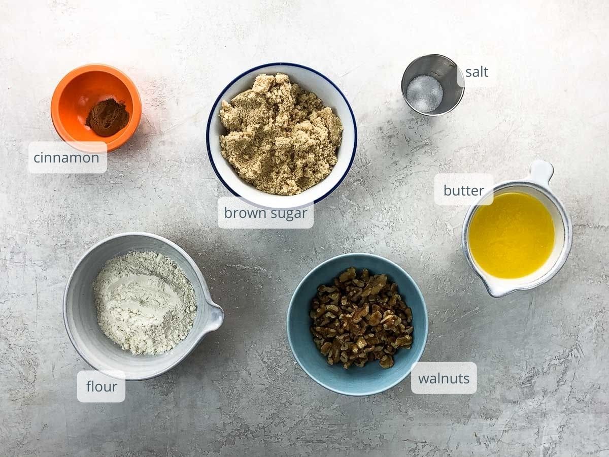streusel topping ingredients in bowls