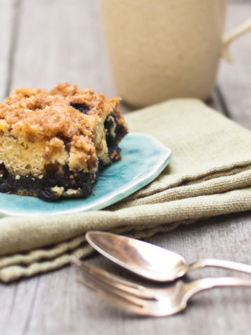 blueberry streusel coffee cake on a plate