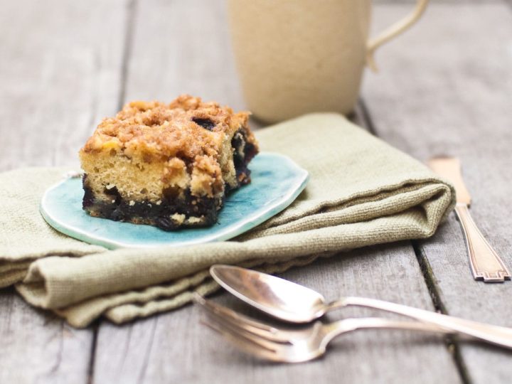 blueberry streusel coffee cake on a plate