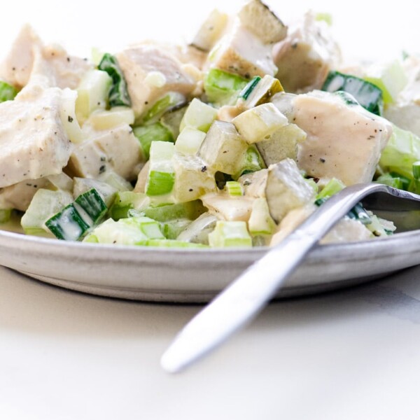 chicken salad with pickles on a plate