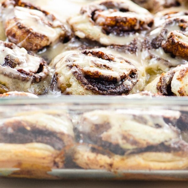 puff pastry cinnamon rolls in a glass baking pan