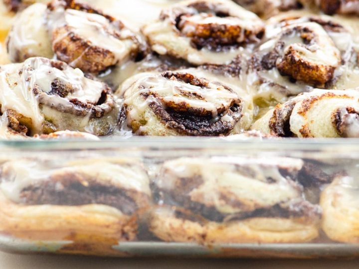 puff pastry cinnamon rolls in a glass baking pan