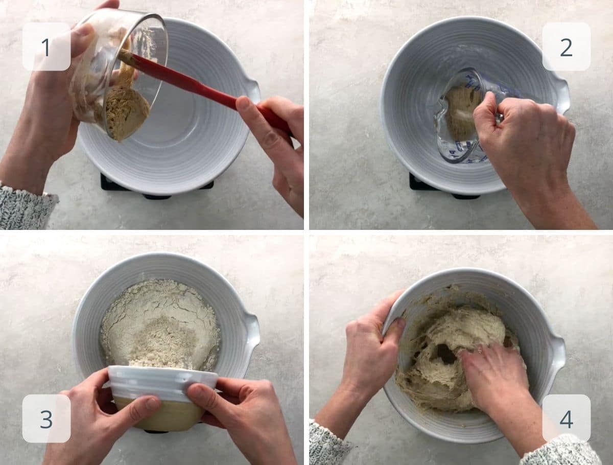 mixing the leaven, water, rye flour, and bread flour in a bowl