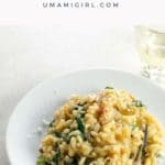 Caramelized Onion, Spinach and Bacon Risotto on a white plate