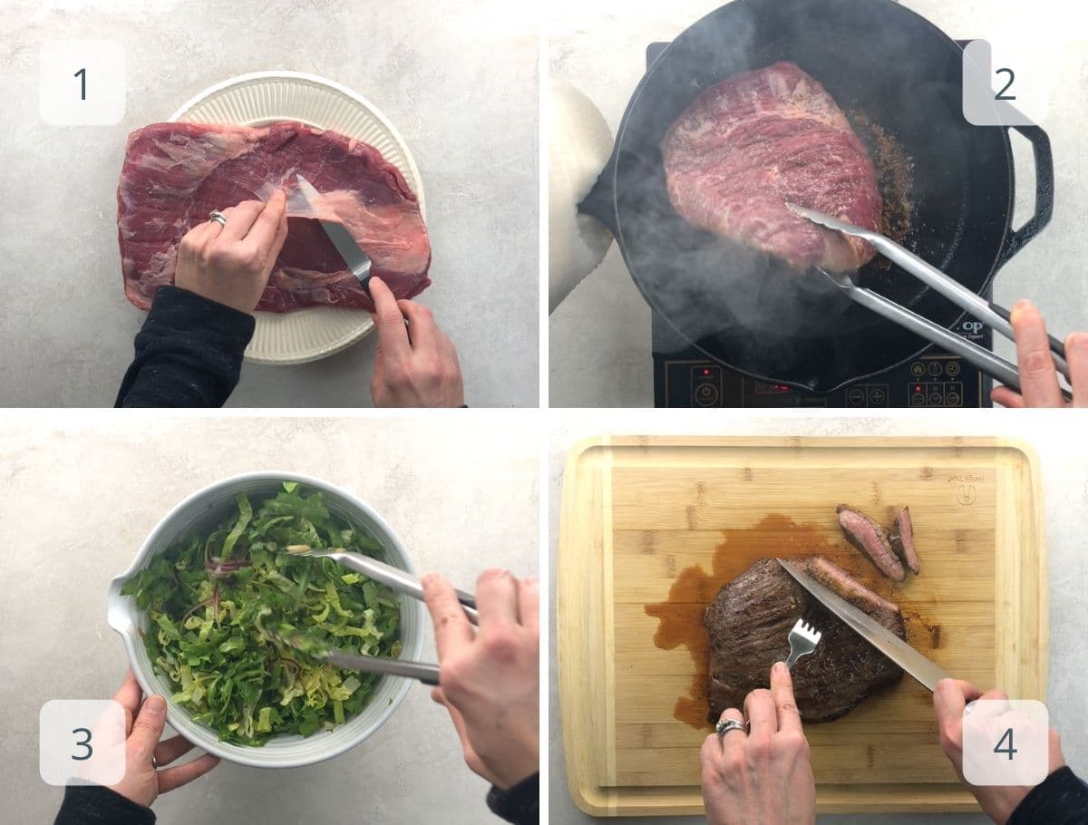 step by step prepping and searing steak, tossing salad, slicing steak