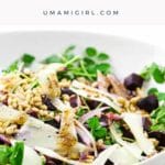 pea shoot salad with manchego, pine nuts, beets, and red onion in a white bowl