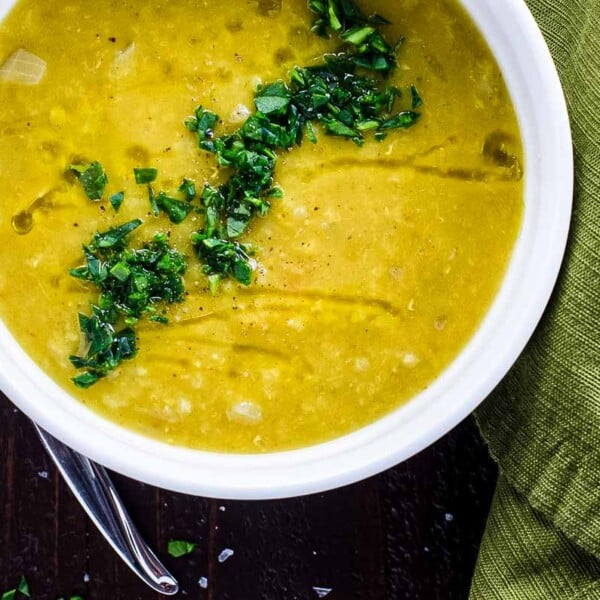 red lentil soup (instant pot or stovetop) in a white bowl