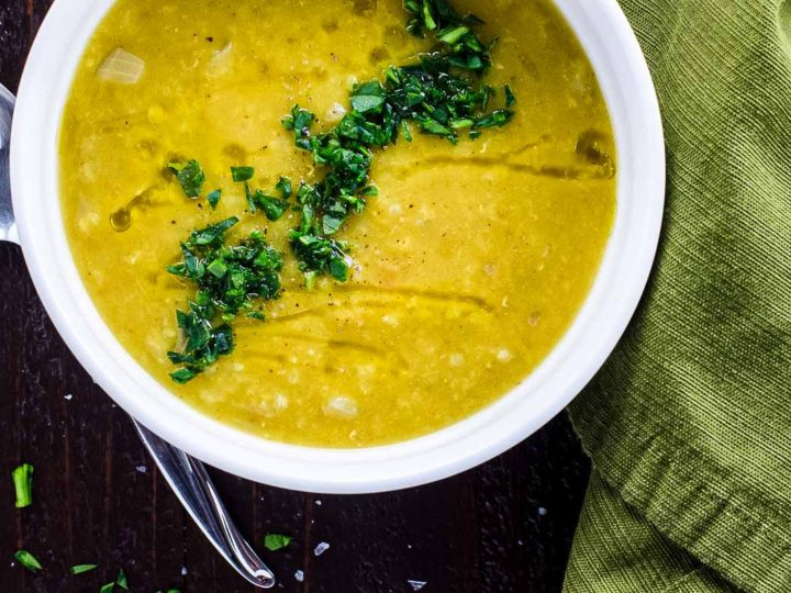 red lentil soup (instant pot or stovetop) in a white bowl