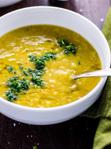 red lentil soup (instant pot or stovetop) in a white bowl
