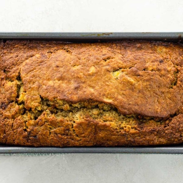 sourdough banana bread in a loaf pan