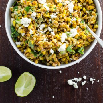 esquites (mexican street corn salad) in a white bowl
