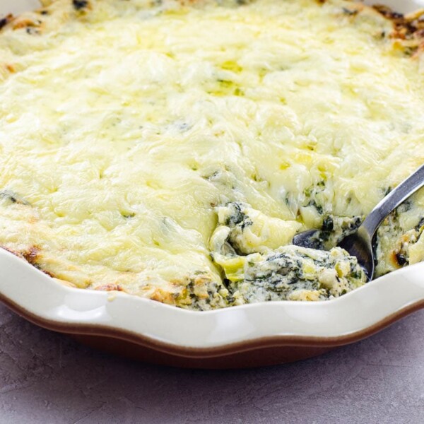 hot spinach leek dip (ramp dip) in a pie plate
