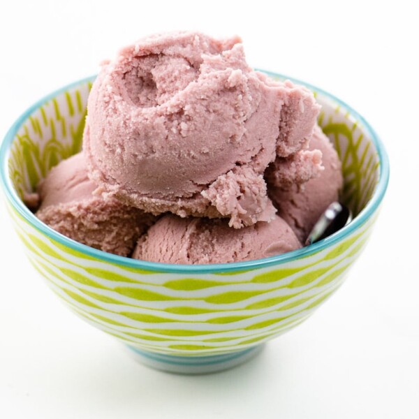 pomegranate gelato in a pretty blue and green bowl