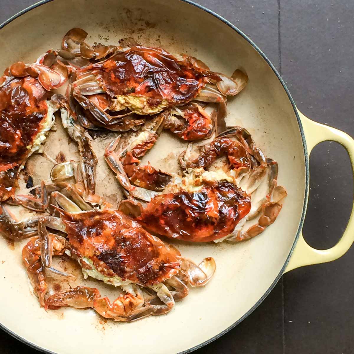 simple soft shell crab recipe sautéed without flour, in a dutch oven