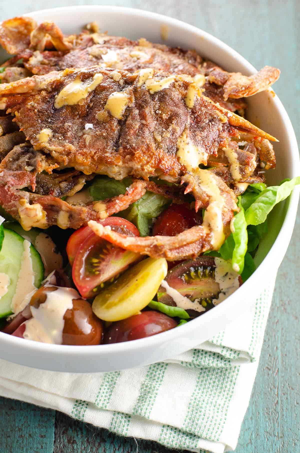 soft shell crab salad in a bowl with even better spicy sauce