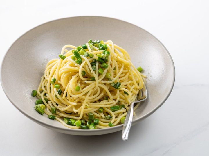 garlic scape pasta in a bowl