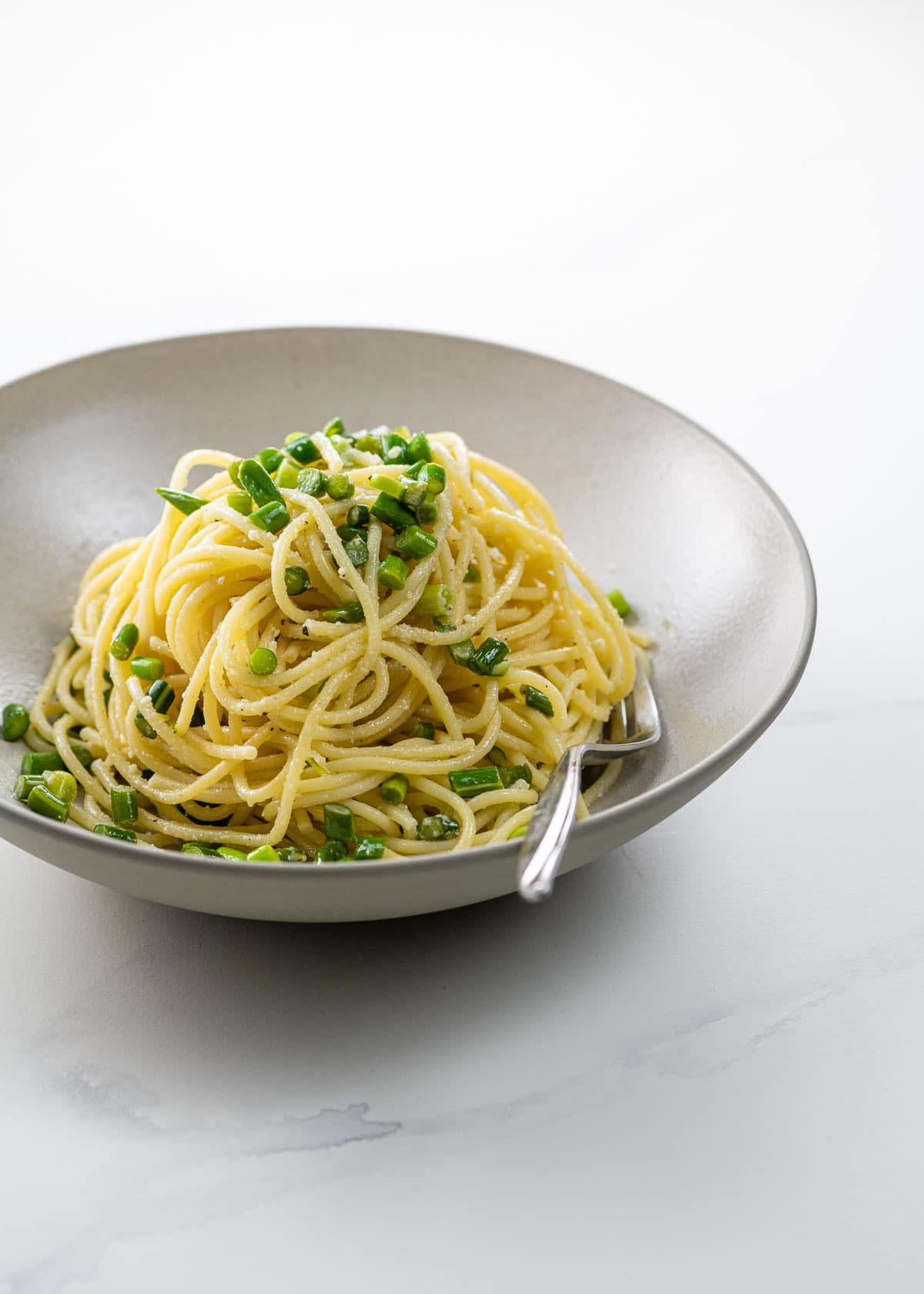 garlic scape pasta in a bowl