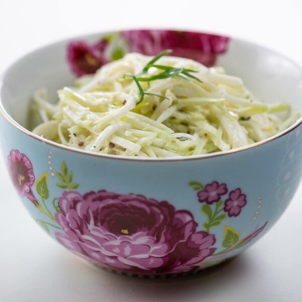 kohlrabi remoulade in a beautiful blue and pink bowl