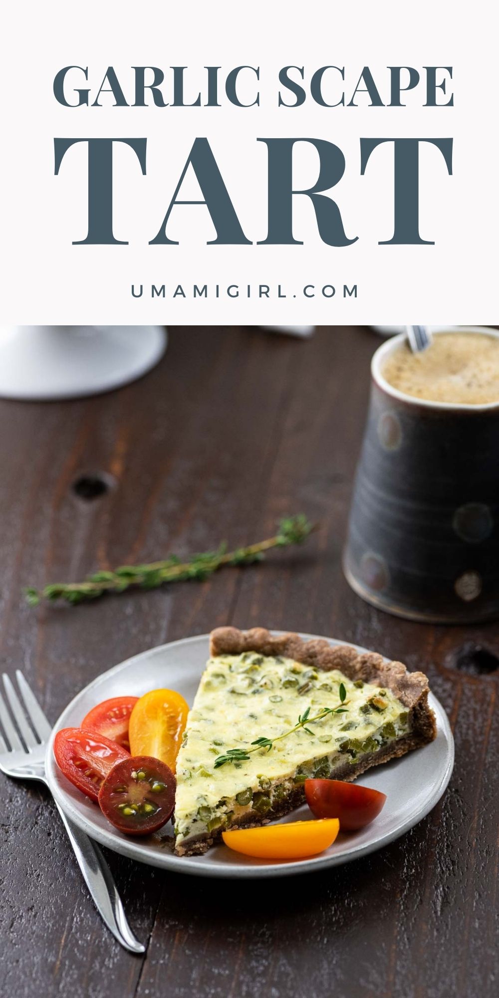 garlic scape tart with teff crust on a plate with tomatoes and a coffee cup