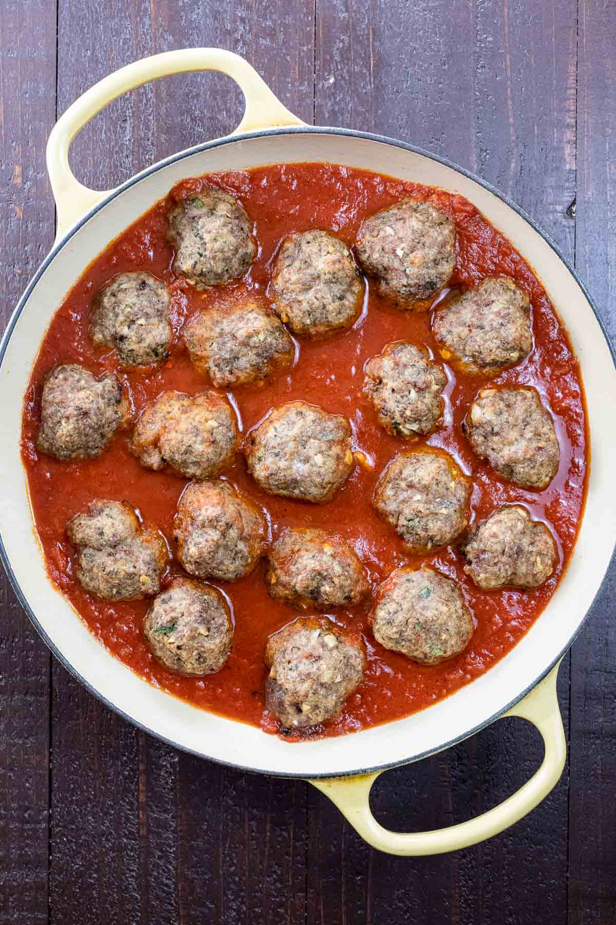 Grandma's Italian meatballs with tomato sauce in a pan