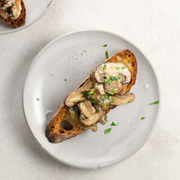 mushroom bruschetta on a small plate