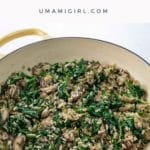mushrooms and rice with spinach in a pan