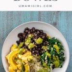 a quinoa power bowl with winter squash, spinach, and black beans