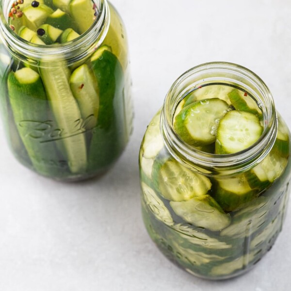 two jars of spicy refrigerator pickles
