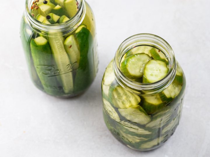 two jars of spicy refrigerator pickles