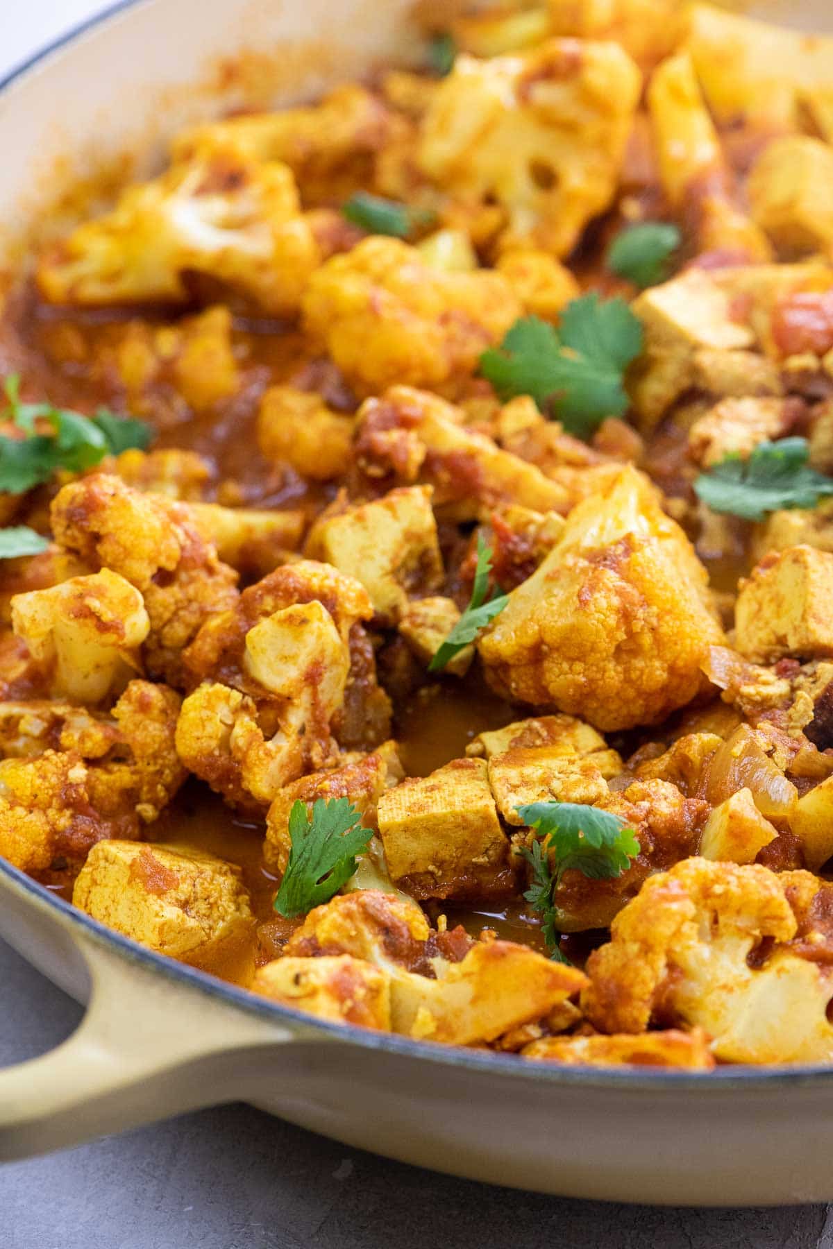tofu curry with cauliflower in a pan