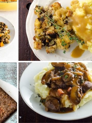 vegetarian meals with mashed potatoes including shepherd's pie, mushroom bourguignon, nut loaf, and stuffing