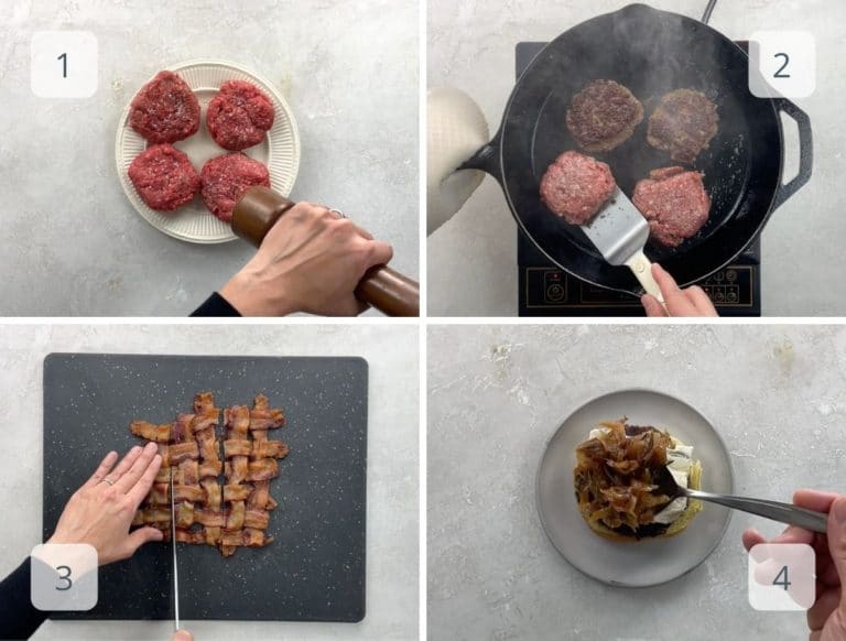 Bacon Weave Blue Cheese Burgers with Caramelized Onions Umami Girl