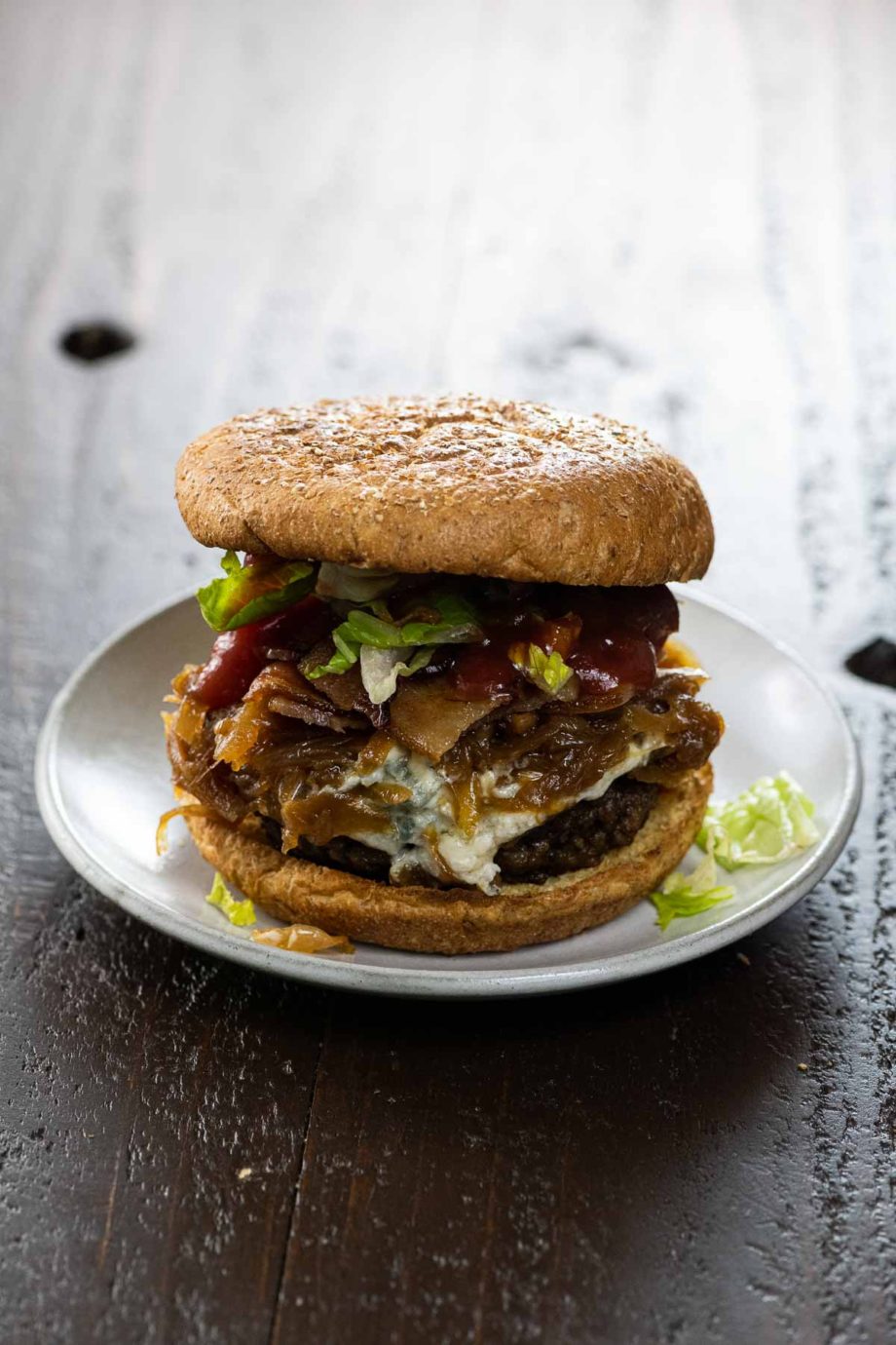 Bacon Weave Blue Cheese Burgers with Caramelized Onions Umami Girl