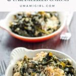 braised kale with caramelized onions, walnuts, and blue cheese in a gratin dish with a fork