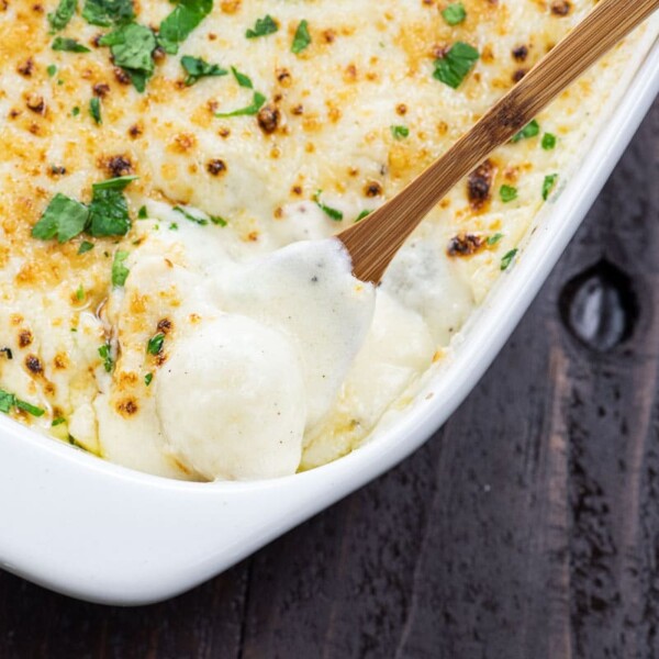 creamed pearl onions in a baking dish