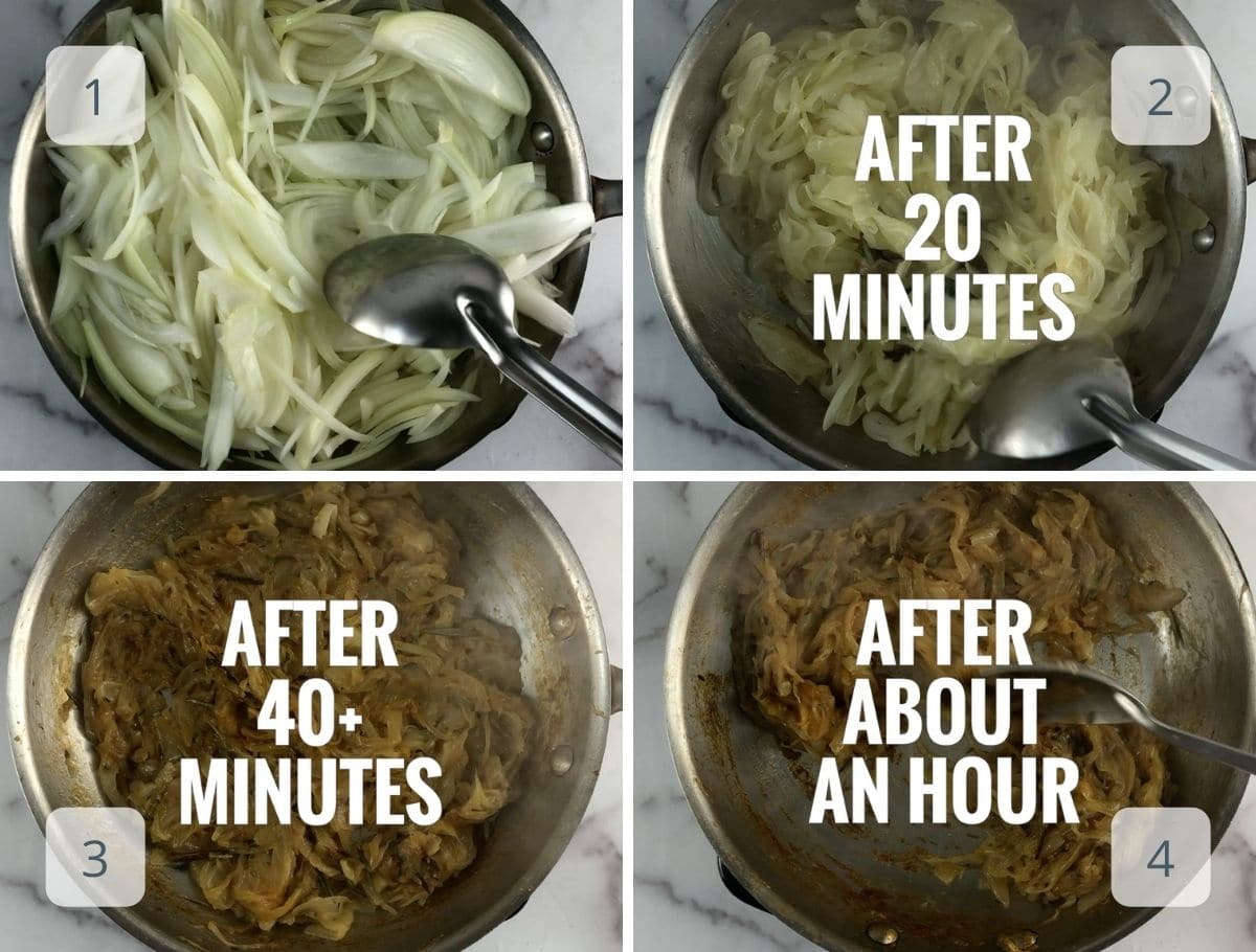 caramelized onions at 0 minutes, 20 minutes, 40 minutes, and 60 minutes of cooking time
