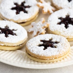 shortbread linzer cookies on a plate