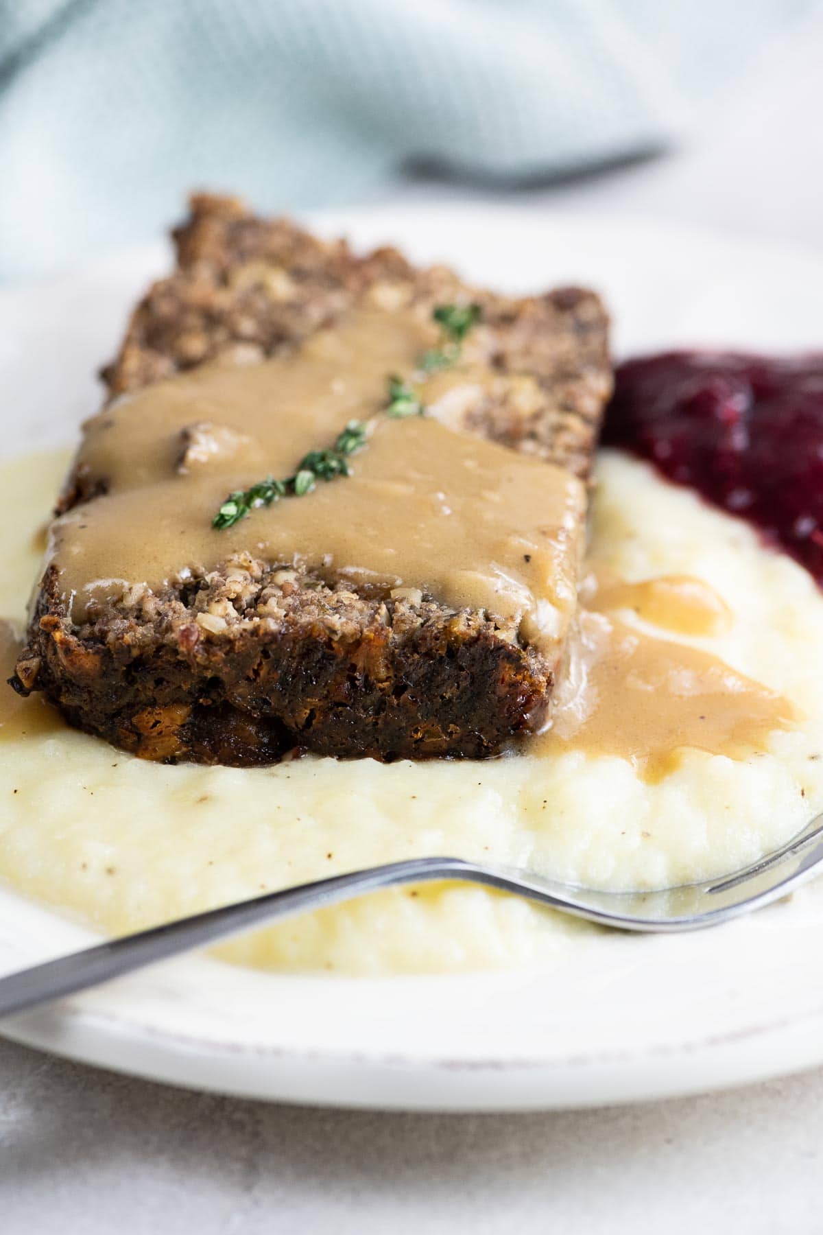 veggie meatloaf (nut loaf) with mashed potatoes, gravy, and cranberry sauce on a plate