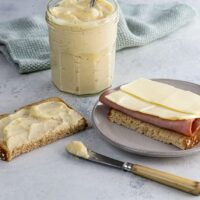 food processor mayonnaise in a jar and spread on a ham and cheese sandwich