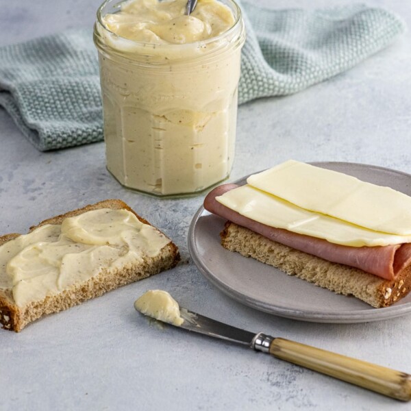 food processor mayonnaise in a jar and spread on a ham and cheese sandwich