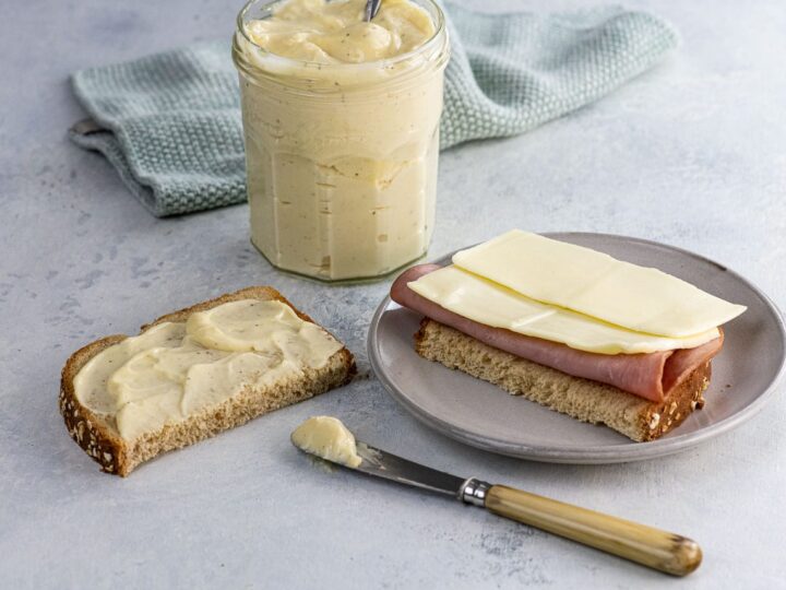 food processor mayonnaise in a jar and spread on a ham and cheese sandwich