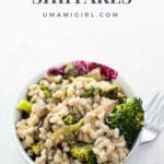 vegan farro recipe with broccoli and shiitakes in a bowl