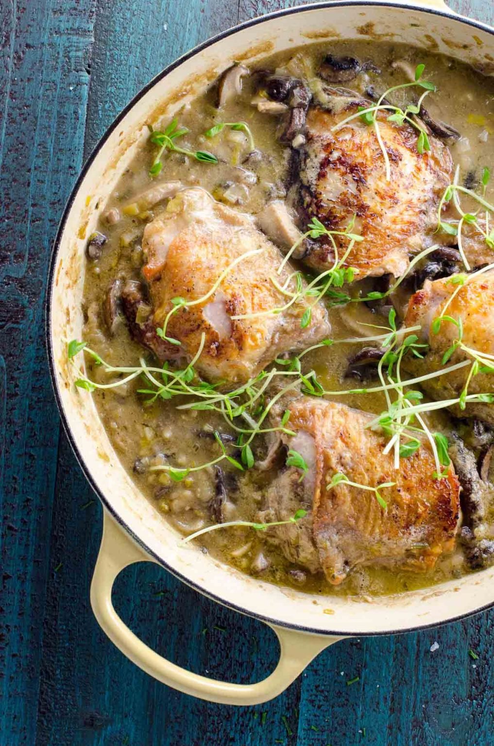 Dutch Oven Chicken Thighs with Leeks, Mushrooms & White Wine Umami Girl