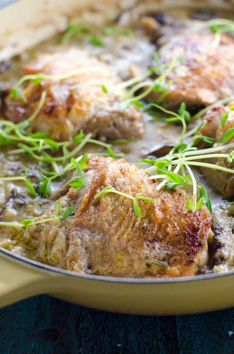 Dutch Oven Chicken Thighs with Leeks, Mushrooms & White Wine Umami Girl